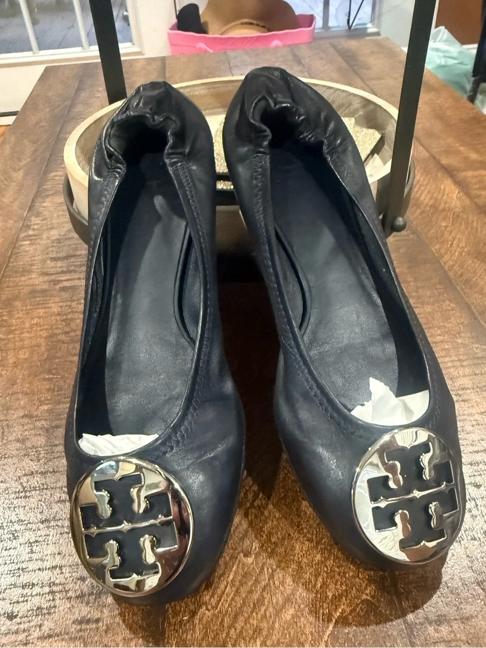Tory Burch Black Leather Logo Round-Toe Ballet Flats